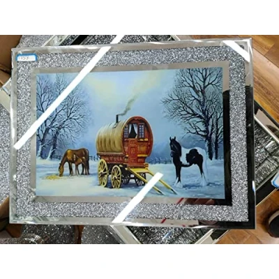Image of Biznest Crushed Diamond Chopping Board with 1 Wagon Caravan Picture Crystal Filled Silver PLACEMAT Crush Sparkly WAGAN