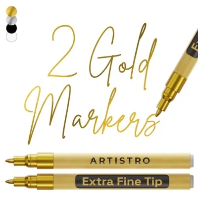 Image of ARTISTRO 2 Gold Acrylic Paint Pens for Rock Ceramic Wood Glass Metal Fabric Plastic 0.7mm Metallic Markers Ideal Scrapbooking DIY Crafts Art Projects