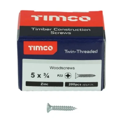 Image of TIMCO Twin Threaded Woodscrews PZ Double Countersunk 5 x 3/4 Zinc Plated Box of 200