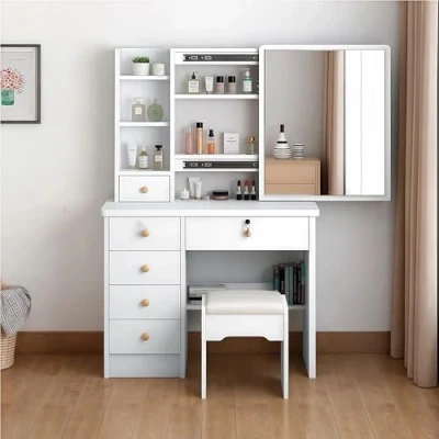 Image of iondelce Dressing Table with Sliding Mirror, Bedroom Vanity Desk, Makeup Desk 6 Drawers, Open Shelves, Hidden Storage Space White