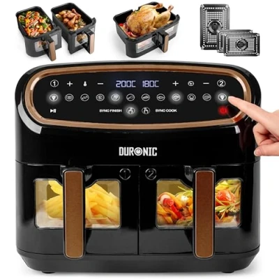 Image of Duronic Dual Air Fryer with Visual Window AF34 Black and Gold, 3 draws Included, Zone Family Sized Multi Cooker, 1 x 10L Large Drawer, 2 5L Twin Drawers