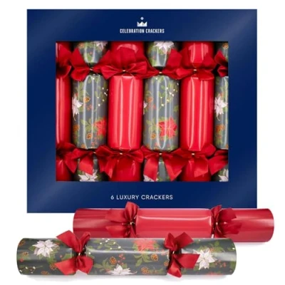 Image of Celebration Crackers 6 x 13 Inch Luxury Eco Christmas Traditional Poinsettia Regency Design, FSC Certified, Reusable Metal Gifts, Recyclable Packaging