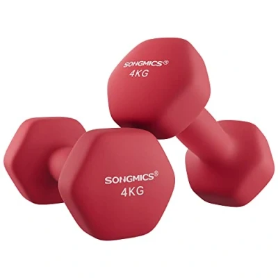 Image of SONGMICS Dumbbells Set of 2 x 4kg Hexagon Neoprene Coating Strength Training Workout Fitness Home Ruby Red SYL908R01