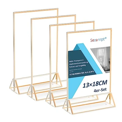 Image of Sezanrpt Acrylic Place Card Holder Gold 13 x 18 Vertical 4 Pack Table Numbers Wedding Clear Menu for Top, Restaurant Retail, Paper Holder, Picture Frame