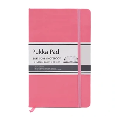 Image of Pukka Pad, Soft Cover Notebook 192 Pages of 80GSM Acid Free Quality Lined Paper Vegan Leather with Inner Pocket for Loose Pages, Ribbon Bookmark, and Elasticated Closure 130 x 210mm, Pink