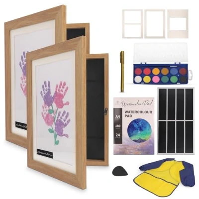 Image of Set of 2 Kids Art Frames with Coloring Kit A4 Artwork for Art, Drawings, Projects, Schoolwork, Changeable Display Holds Up to 150 Pieces (NATURAL)