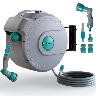 Image of Pro Kleen Retractable Hose Reel Wall Mounted 30M, Auto Lock, Rewind, 10 Function Spray Gun Nozzle, 180 Degree Pivot Swivelling, Long Reach, Garden Outdoor, Vehicle Watering Pipe Heavy Duty (30M)