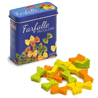 Image of Erzi 17176 7.1 x 3.1 8.1 cm Wooden Grocery Shop Pasta Farfalle in a Tin Playset, multicoloured