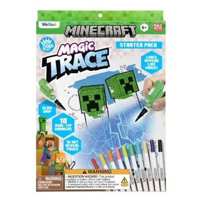 Image of Paladone WeCool Minecraft Magic Trace Starter Pack, Official Light Up Colouring Activity Set with 16 Tracing Pages, 10 Dual Tip Markers, 1 Glow Grip Line Reveal Tool, Arts &amp; Craft Kit for Kids 6+