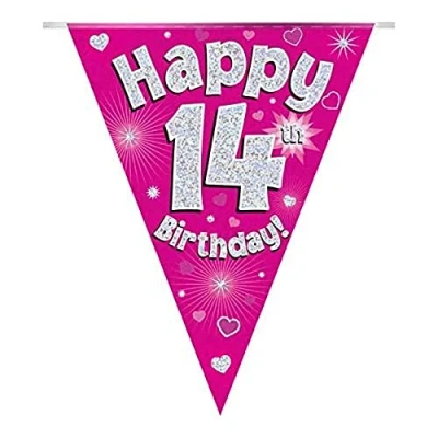 Image of OAKTREE UK 630680 Party Bunting Happy 14th Birthday Pink Holographic 11 Flags 3.9m
