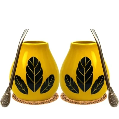 Image of Yerba Mate Tea Calabash Set for Two, 2 x Cups Hoja 350 ml, Ceramic Cup, Stainless Steel Drinking Straws, Bombilla 19 cm, Cork Pads, Cup with Straw