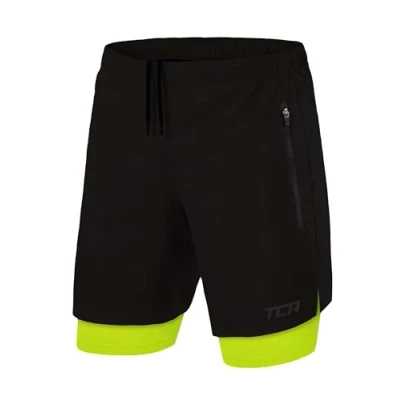 Image of TCA Ultra 2 in 1 Compression Shorts Men Running Gym for with Zipped Pockets Black/Lime Punch (2X Zip Pockets), M
