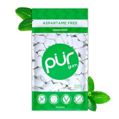 Image of PUR Gum Sugar Free Chewing Made with Xylitol Vegan, Aspartame Free, Gluten &amp; Keto Friendly Natural Spearmint Flavoured Gum, 55 Pieces (Pack of 1)