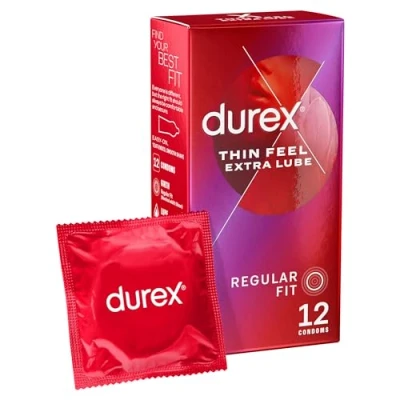 Image of Durex Thin Feel Extra Lube Condoms, Regular Fit, 12s, Secure, Natural Latex, with Silicone Lube, Easy On Shape, More Sensitivity