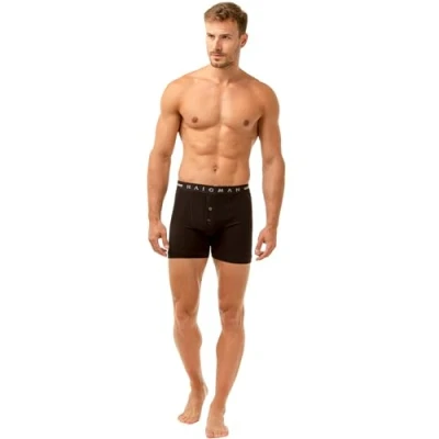 Image of Haigman Mens 2 Pack Classic Cotton Stretch Knitted Button Front Boxer Shorts (M, UK 38 40, EU 48 50, Black)