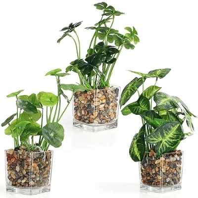 Image of BELLE VOUS 3 Pack Plastic Artificial Faux Plants with Clear Glass Pots Outdoor/Indoor Fake Greenery for Home, Garden, Wall Basket, Bushes/Shrubs, Wedding Centrepieces and Office Decor