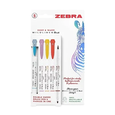 Image of ZEBRA Pen Mildliner Dual Tip Brush Pens, Felt Pens For Adults, Bullet &amp; Colouring Style Convenience, Double Ended Deep Warm Colours, 5pk