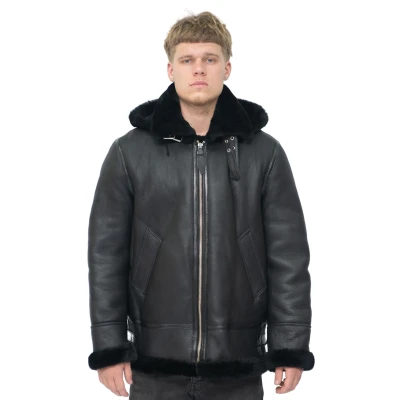 Image of Infinity Leather Mens Hooded Sheepskin B3 Flying Jacket Columbus Black Size Small
