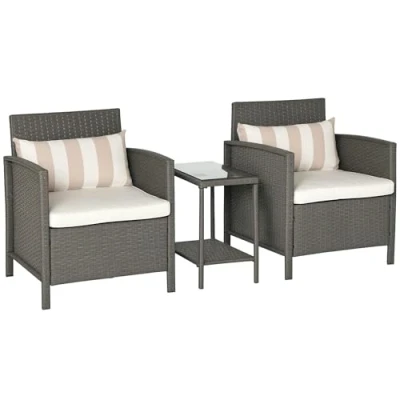 Image of Outsunny 3 Pieces Rattan Bistro Set, Wicker Garden Furniture Glass Top 2 tier Coffee Table and Chairs Set with Pillows Washable Cushions for Outdoor, Patio, Balcony, Light Grey