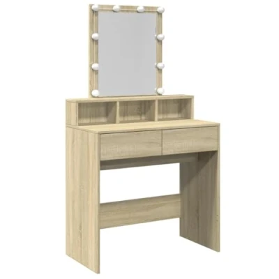 Image of vidaXL Dressing Table with Mirror and USB LED Lights Sonoma Oak Vanity Desk for Bedroom 80x41x144.5 cm Elegant Engineered Wood Makeup Ample Storage Drawers