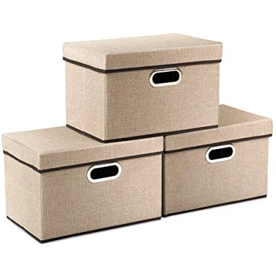 Image of PRANDOM Collapsible Storage Cubes with Lids [3 Pack] Jute Fabric Foldable Boxes Organizer Containers Baskets Bins Cover for Home Bedroom Closet Office Nursery (14.9x9.8x9.8)