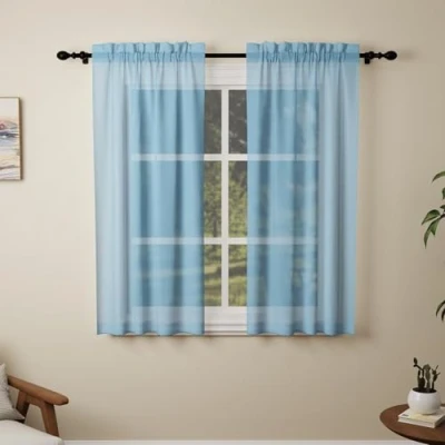 Image of Pacok Blue Voile Curtains, 45 Drop 2 Panels Net Curtain for Windows, Rod Pocket Sheer Panel Curtains Living Room Kitcken Bedroom W56xL45 Inch(Blue, 142 x 114cm)