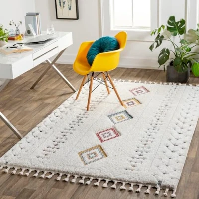 Image of Livabliss Funafuti Geometric Rug Scandi Area Rugs Living Room 160x213 cm, Dining, Kitchen Neutral, Abstract Patterned Rugs, Boho Style, Easy Care Pile Large Rug, Cream, Yellow and Blue