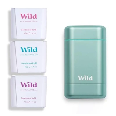Image of Wild Natural Refillable Deodorant Aluminium Free Aqua Case with Refill Variety Pack (3 x 40g) Includes Fresh Cotton &amp; Sea Salt, Jasmine Mandarin and Coconut Vanilla Scents Vegan