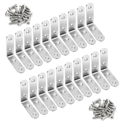 Image of L Brackets, 20pcs Angle Brackets Stainless Steel Corner 90 Degree Brace with 80 Screws, Metal for Wood Furniture Fixing and Repairing (Silver, 50*50*20mm)