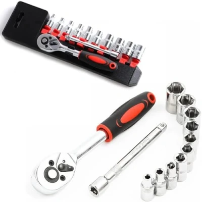 Image of LSLANSOON 1/4 Ratchet Socket Wrench Set, Mechanic Tool Kit and Sockets Set with Quick Release Reversible Handle Extension Bar, 12 Pcs
