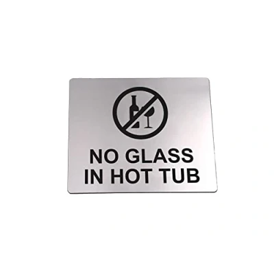 Image of No Glass In Hot Tub Sign Adhesive Sticker Warning Notice, SILVER/GOLD/YELLOW engarved with Text and Universal Icon Symbol (Size 12cm x 10cm) (Silver)