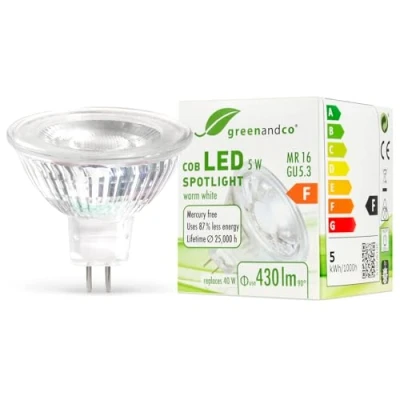 Image of greenandco® MR16 GU5.3 LED Spot 5W Replaces 40W 430lm 3000K (Warm White) 38 Beam Angle 12V AC/DC Glass Body with Protective