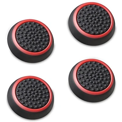 Image of Fosmon Silicone Thumb Stick Analog Controller Grip Caps (4 pack / 2 Pair) Compatible with PS4, PS3, Nintendo Switch, Wii U, Nunchuck, and Xbox 360 Gamepads Black/Red