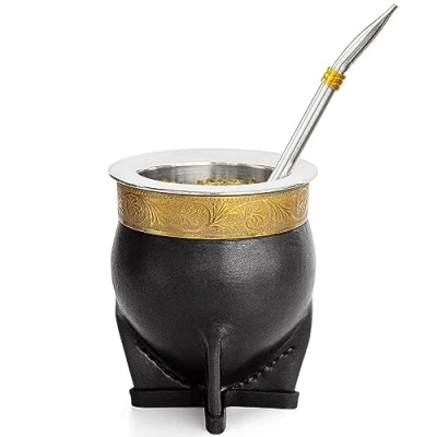 Image of 304 Stainless Steel Argentina Yerba Mate Cup With Straw Tea Gourd Mug One Bombilla (Straw) a Cleaning Brush (Black)
