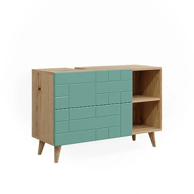 Image of Vicco Sink base cabinet Rudi, Mint green/Oak, 90 x 59 cm with 2 drawers