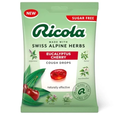 Image of Ricola Eucalyptus Cherry Cough Drops Bag, Pack of 12, Naturally Effective Throat Lozenges, Sugar Free Sweets, 70 g