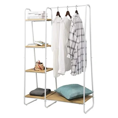 Image of eSituro Heavy Duty Clothes Rail, Sturdy Metal Coat Rack with 4 Standing Bookcase Shelves Unit Wood Shoe White Oak