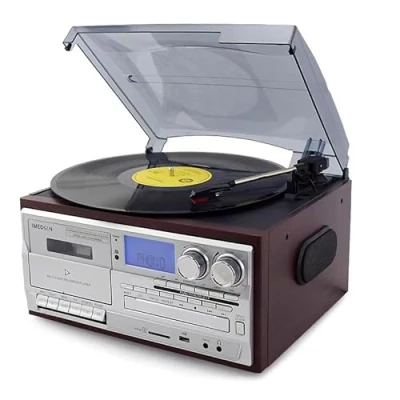 Image of GWWBD Vinyl Record Player, Retro Bluetooth Player with Built in Speakers, 3 Speed Vintage Turntable, CD and Cassette Less Noise, Frosted Dust Cover