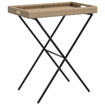 Image of vidaXL Beige Poly Rattan Folding Tray Table Portable Serving Side with Detachable Top for Garden, Patio, Indoor/Outdoor