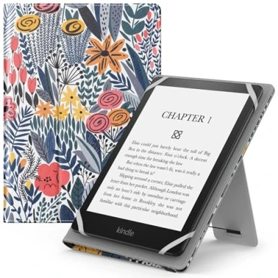 Image of MoKo Universal Case for 6&quot;,6.8&quot;,7&quot; Kindle eReaders Fire Tablet Kobo/Voyaga/Lenovo/Sony E Book Tablet, Lightweight PU Leather Folio Shell Cover Case, with Hand Strap/Kickstand, Blue Leaf Flower