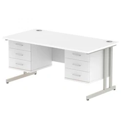 Image of Impulse 1600x800 Desk White Silver Cantilever Leg + 2x Fixed Pedestal