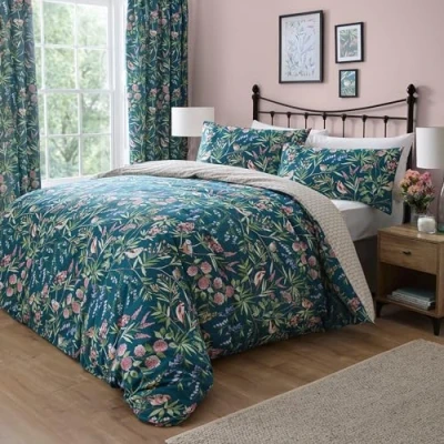 Image of Dreams &amp; Drapes Teal Green Floral Bird Duvet Cover Super King Bedding Size (260 x 220cm) Reversible (2 Designs) 3 Pieces Vintage in Dark Spring Garden Flower Bed Set