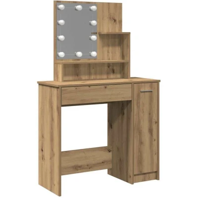 Image of vidaXL dressing makeup table with LED mirror artisan oak engineered wood, ample storage, 86.5x35x136 cm
