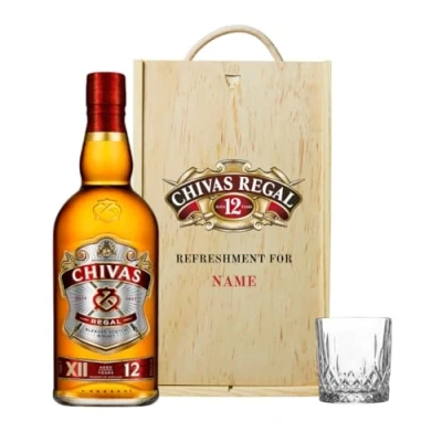 Image of BEER HUNTER Personalised Chivas Regal 12 Year Scotch Whiskey Gift Set in Wooden Box with Glass 40% ABV (70cl)