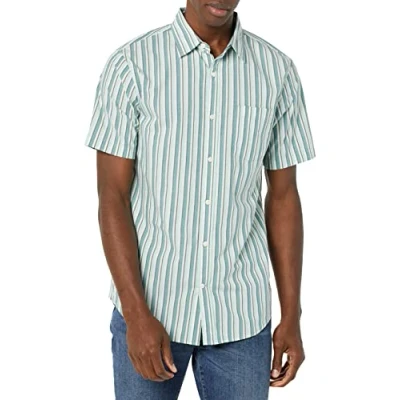 Image of Amazon Essentials Men&#039;s Slim Fit Short Sleeve Poplin Shirt, Aqua Blue White Vertical Stripes, XXL