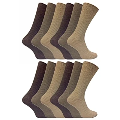 Image of 12 Pair Multipack Mens 100% Cotton Socks Sock Snob Ribbed Dress Size 6 11 &amp; 14 (12 14, Brown)