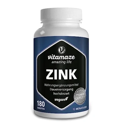 Image of Zinc Tablets High Strength 25 mg, 180 Vegan for 12 Months, Best Bioavailability, Natural &amp; Organic Supplement Without Additives, German Quality
