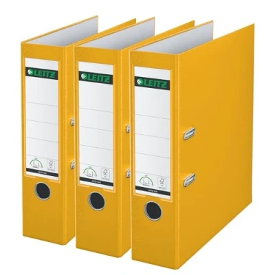 Image of Leitz Lever Arch File, Yellow, Plastic, A4, 80 mm spine, Pack 3, 310335115