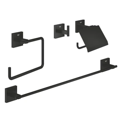 Image of Grohe Start Cube 4 in1 Bathroom Accessories Set Robe Hook, Towel Ring, Toilet Roll Holder, Rail 558mm (Metal, with Screws and Dowels), Easy to Fit QuickGlue, Matt Black, 411152430