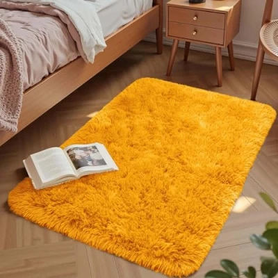 Image of Aspire Homeware Rugs Living Room Small Area for Bedroom Anti Slip Modern Fluffy Shaggy Rug Super Soft Thick Pile Non Shedding, Ochre, 50cm x 80 cm
